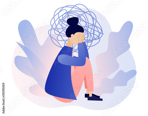Depression mental. Depressed woman sitting on floor. Mental health and psychotherapy concept. Anxiety, stress, emotional burnout and other psychological problems. Modern flat cartoon style. Vector
