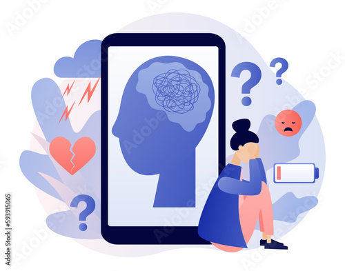 Depression mental. Depressed woman sitting near smartphone. Mental health and psychotherapy concept. Anxiety, stress, emotional burnout, other psychological problems. Modern flat cartoon style. Vector