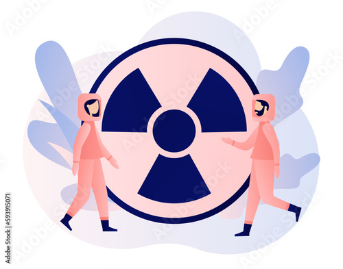 Radiation warning concept. Nuclear toxic waste. Tiny people in radioactive protection suit. Modern flat cartoon style. Vector illustration on white background