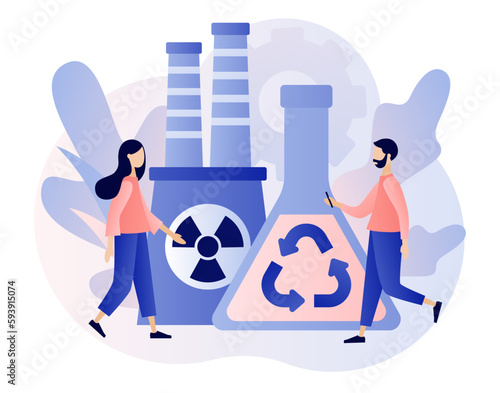Chemical recycling. Chemical trash disposal and utilization. Hazardous waste management. Plastics recycling method. Modern flat cartoon style. Vector illustration on white background