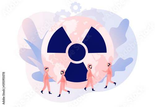 Radiation warning symbol on planet Earth. Nuclear toxic waste concept. Tiny people in radioactive protection suit. Modern flat cartoon style. Vector illustration on white background