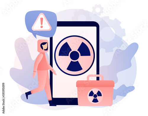 Radiation warning sign on smartphone screen. Nuclear toxic waste concept. Tiny people in radioactive protection suit. Modern flat cartoon style. Vector illustration on white background