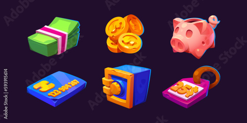 Cartoon set of finance and banking icons isolated on black background. Vector illustration of money bunch, golden coins pile, piggy bank, credit card, safe and price tag. Shopping app design elements