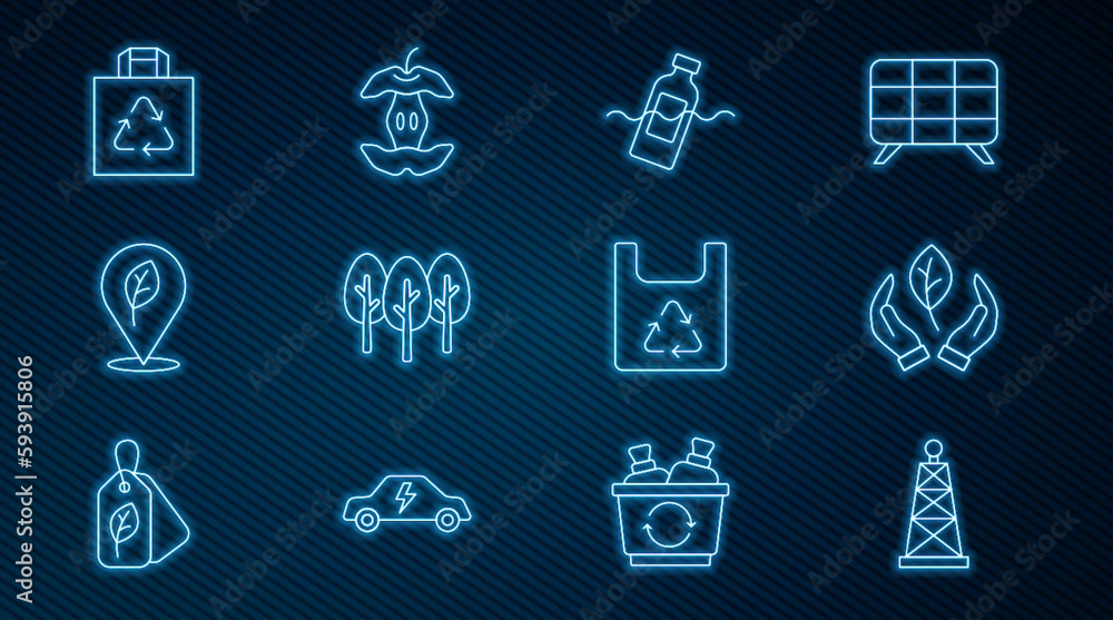 Set line Oil rig, Leaf in hand, The problem of pollution, Tree, Location with leaf, Shopping bag recycle, and Apple core icon. Vector Set line Oil rig, Leaf in hand, The problem of pollution, Tree, Location with leaf, Shopping bag recycle, and Apple core icon. Vector