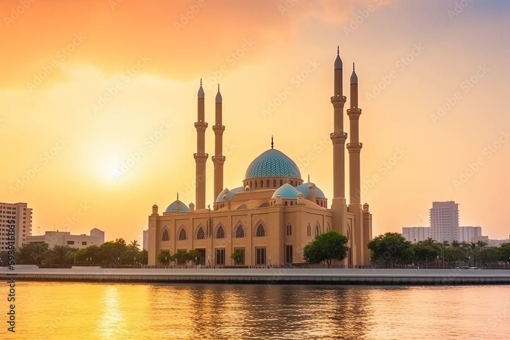 Naklejka premium blue mosque at sunset,ai generative