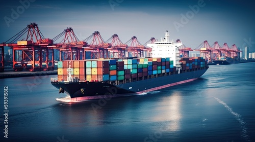 Container ship on the background of the port, carrying colorful containers. ai generated