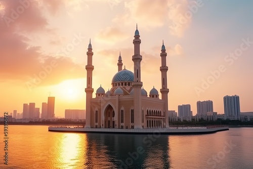 mosque at sunset, ai generative