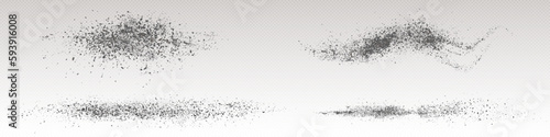 Ash powder top view vector spray explosion effect. Isolated realistic dust particle on transparent background. Abstract flying brush splatter with granule design. 3d cracked grainy asphalt piece.