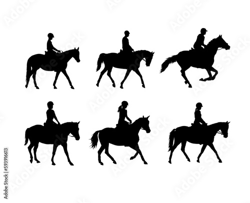 set of jockey silhouettes on horseback. Horse riding - vector illustration
