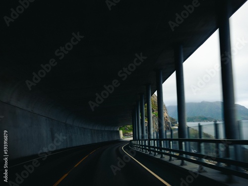 Highway tunnel on the side of a mountain in Reine, Norway © Isak Dalsfelt/Wirestock Creators
