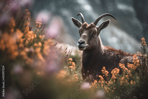 Steinbock in the Swiss Alps, foreground blurred with flowers. ai generative © Oleksandr