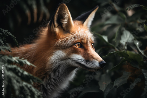 Red Fox - Vulpes, in dense forest. close-up. ai generative