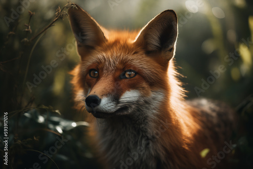 Red Fox - Vulpes, in dense forest. close-up. ai generative