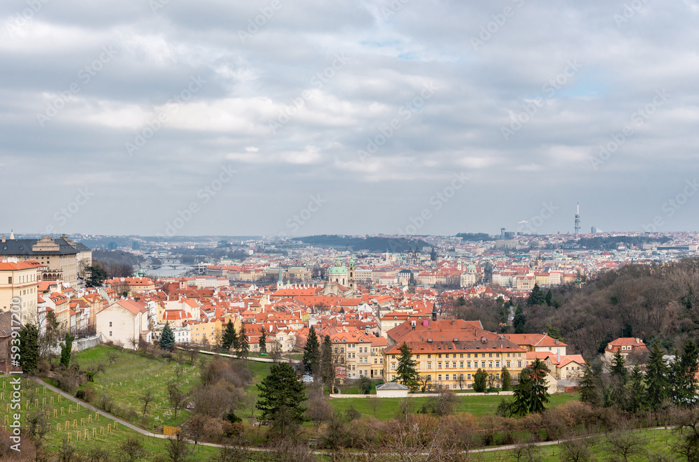 Petrin Gardens and Prague Landscape from Above. Cityscape