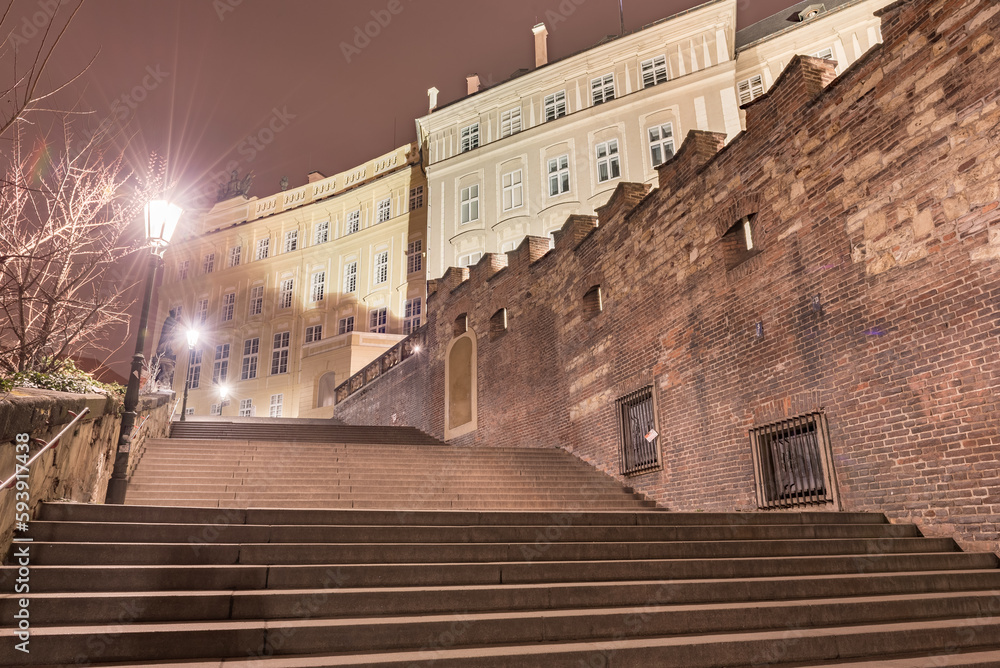 Night and Stairs by the Castle of Prague. Long Exposure