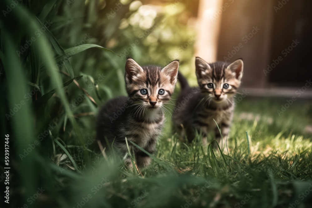 two little cute kittens in green grass.ai generative