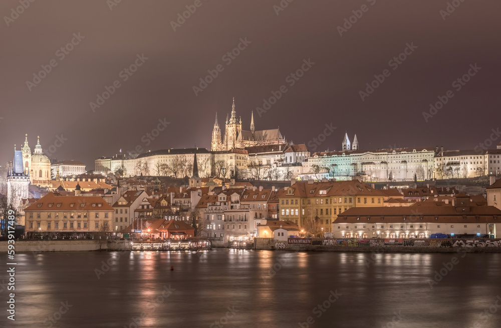 Night and Vltave river, Castle of Prague, St. Vitus Cathedral, Palace and Church. Long Exposure. Prague, Czech.