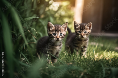 two little cute kittens in green grass.ai generative