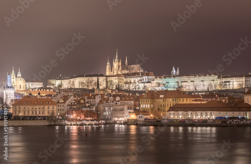 Night and Vltave river, Castle of Prague, St. Vitus Cathedral, Palace and Church. Long Exposure. Prague, Czech.