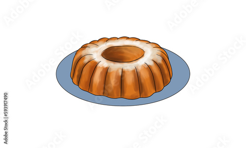 unsliced whole cake in circle shape out of mold on white background,
