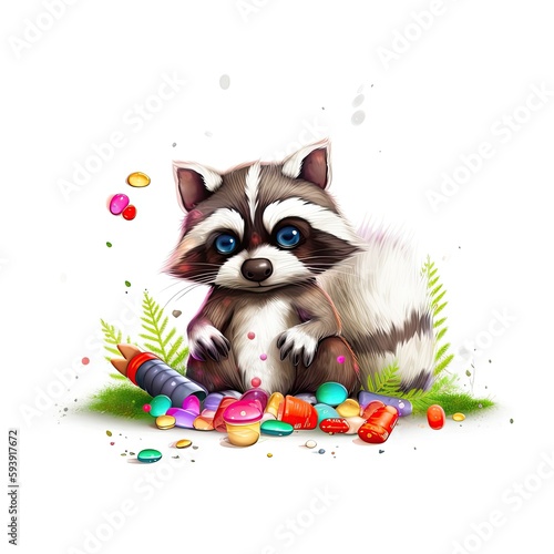 raccoon eating candy, isolated design