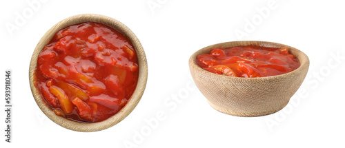 Collage of lecho in wooden bowl on white background, top and side views