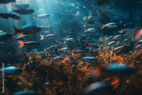 beautiful colorful swarm of fish in a colorful environment. ai generative