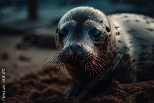 Wet fur seal on the beach. ai generative