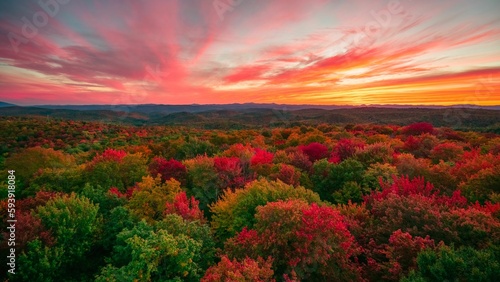 Gile Mountain Trailhead with Autumn foliage at sunset