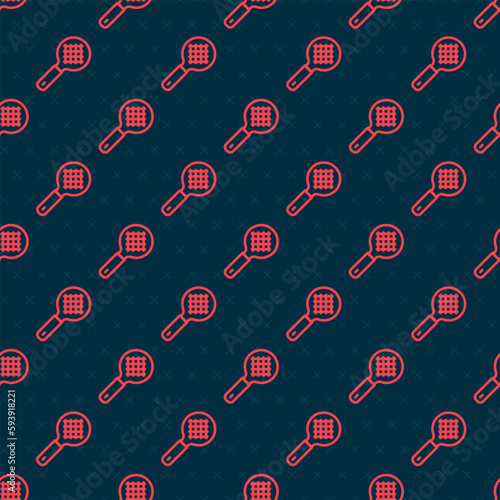 Red line Tea strainer with handle icon isolated seamless pattern on black background. Metal sieve. Vector