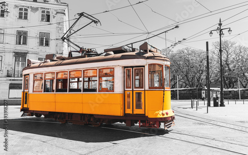 Traditional yellow tram, funicular on the street in Lisbon- travel, tourism, vacation in Portugal