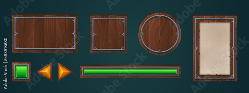 Wooden game interface board vector set. Cartoon button icon with metal frame texture isolated on dark background. Wood texture medieval plate banner kit for menu bar template. Green slider clipart