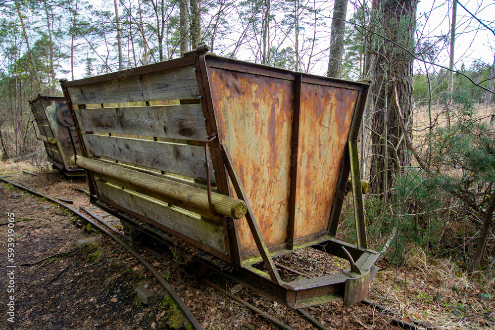 Bad Wurzach, Germany - April 2023: wagon at Riedsee Lake in Bad Wurzach Bad Wurzach, Germany - April 2023: wagon at Riedsee Lake in Bad Wurzach