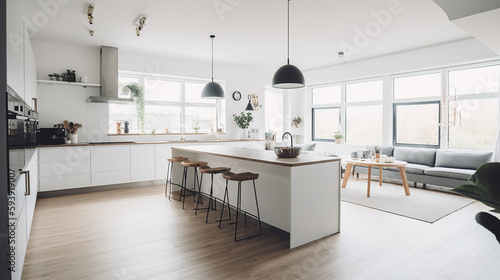 A kitchen room of a beautiful bright modern Scandinavian style house with large windows opening, generative AI