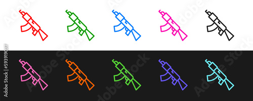 Set line Submachine gun icon isolated on black and white background. Kalashnikov or AK47. Vector