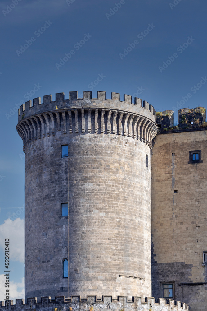 Medieval Castel Nuovo located near the Port of Naples, front view of brick towers, Naples, Italy