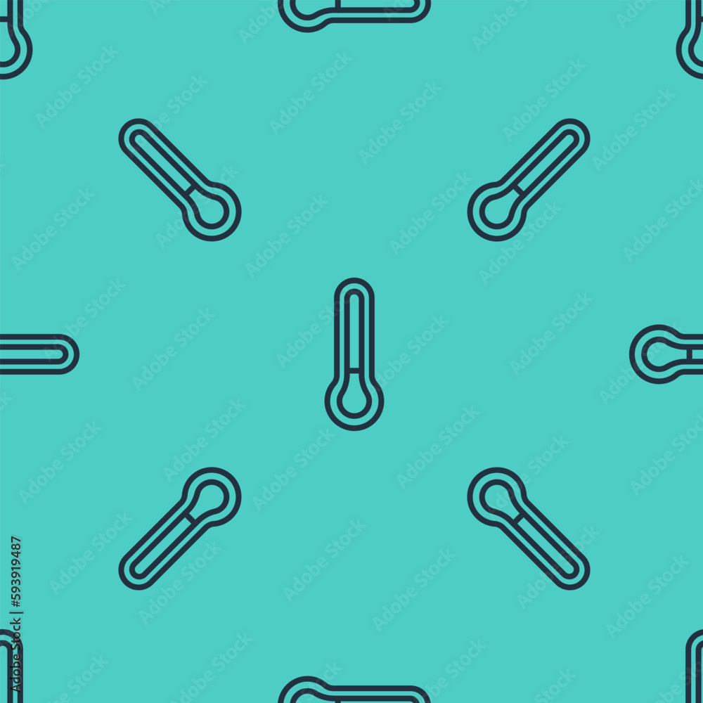Black line Meteorology thermometer measuring icon isolated seamless pattern on green background. Thermometer equipment showing hot or cold weather. Vector Black line Meteorology thermometer measuring icon isolated seamless pattern on green background. Thermometer equipment showing hot or cold weather. Vector