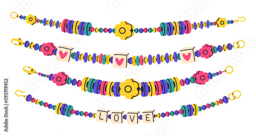 Handmade friendship bracelets. Plastic bead bracelets, kids handcraft cute accessories with with colored beads flat vector illustration set