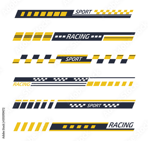 Tuning bars. Sports racing stripes, sport car, motorbike, boat stickers, striped vehicle decals. Racing sport elements flat vector illustration set
