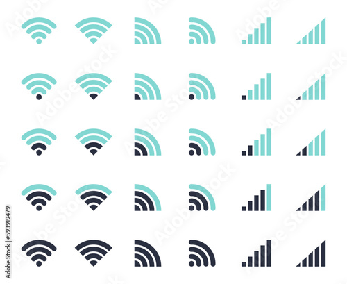 Wifi indicators. Smartphone wifi signal icons, mobile phone 5G and LTE wifi signal strength levels flat vector illustration set