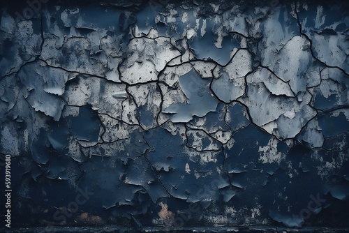 Black dark navy blue old painted wall texture background for design. Toned rough concrete surface. A painted old building wall with cracks. Close - up. Generative AI
