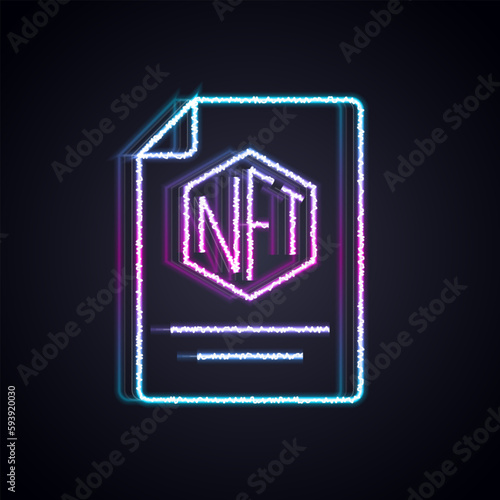 Glowing neon line NFT contract icon isolated on black background. Non fungible token. Digital crypto art concept. Vector