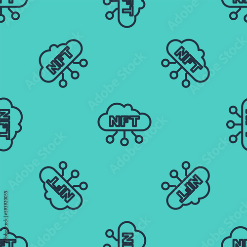 Black line NFT cloud icon isolated seamless pattern on green background. Non fungible token. Digital crypto art concept. Vector