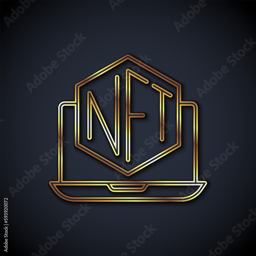 Gold line Laptop with art store app icon isolated on black background. Technology of selling NFT tokens for cryptocurrency. Non fungible token concept. Vector
