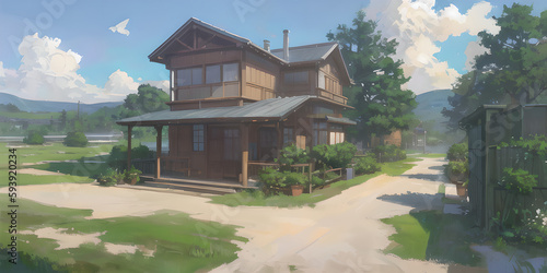 Casa de madera estilo rústico japonés en pueblo boscoso de exhuberante vegetación - Anime realistic illustration - AI Generated Art photo