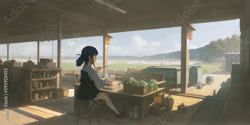 Chica sentada en despacho abierto frente a terraza con pilares con hermosas vistas a paisaje de montañas y prados verdes - Anime realistic illustration - AI Generated Art photo