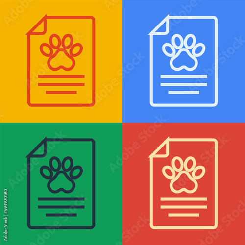 Pop art line Clipboard with medical clinical record pet icon isolated on color background. Health insurance form. Medical check marks report. Vector