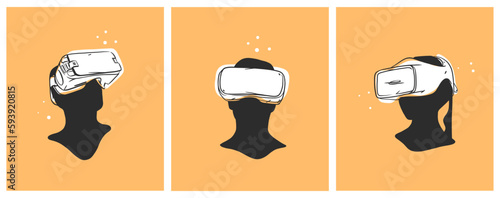 Hand drawn vector abstract graphic line art collection with virtual reality technology headset devise and human silhouette. Human in virtual reality headset outline design. Concept of virtual reality.