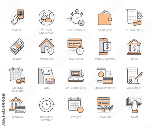 Finance, money loan flat line icons set. Quick credit approval, currency transaction, no commission, cash deposit atm vector illustrations. Thin signs for banking. Orange color. Editable Stroke