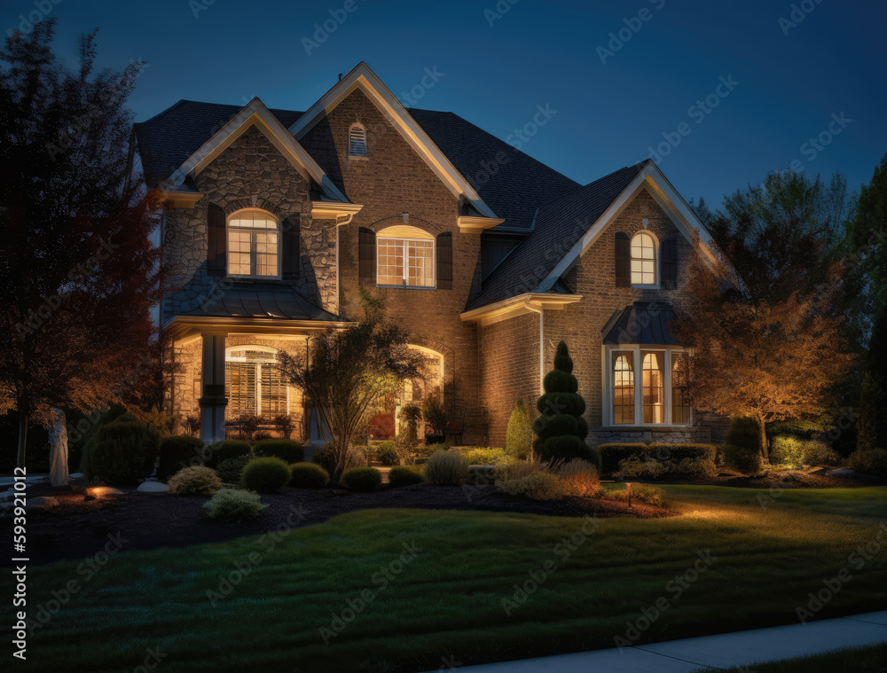 beautiful luxurious Home exterior on suburban town. Soft lighting. Night shot. Luxury concept. Generative AI.